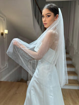 Joannes Kırık Beyaz Büzgülü Simli Kısa Duvak - Mediha Cambaz Bridal