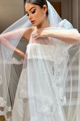 Joelin Kırık Beyaz Kenar Ucu Dantelli Uzun Kloş Duvak - Mediha Cambaz Bridal