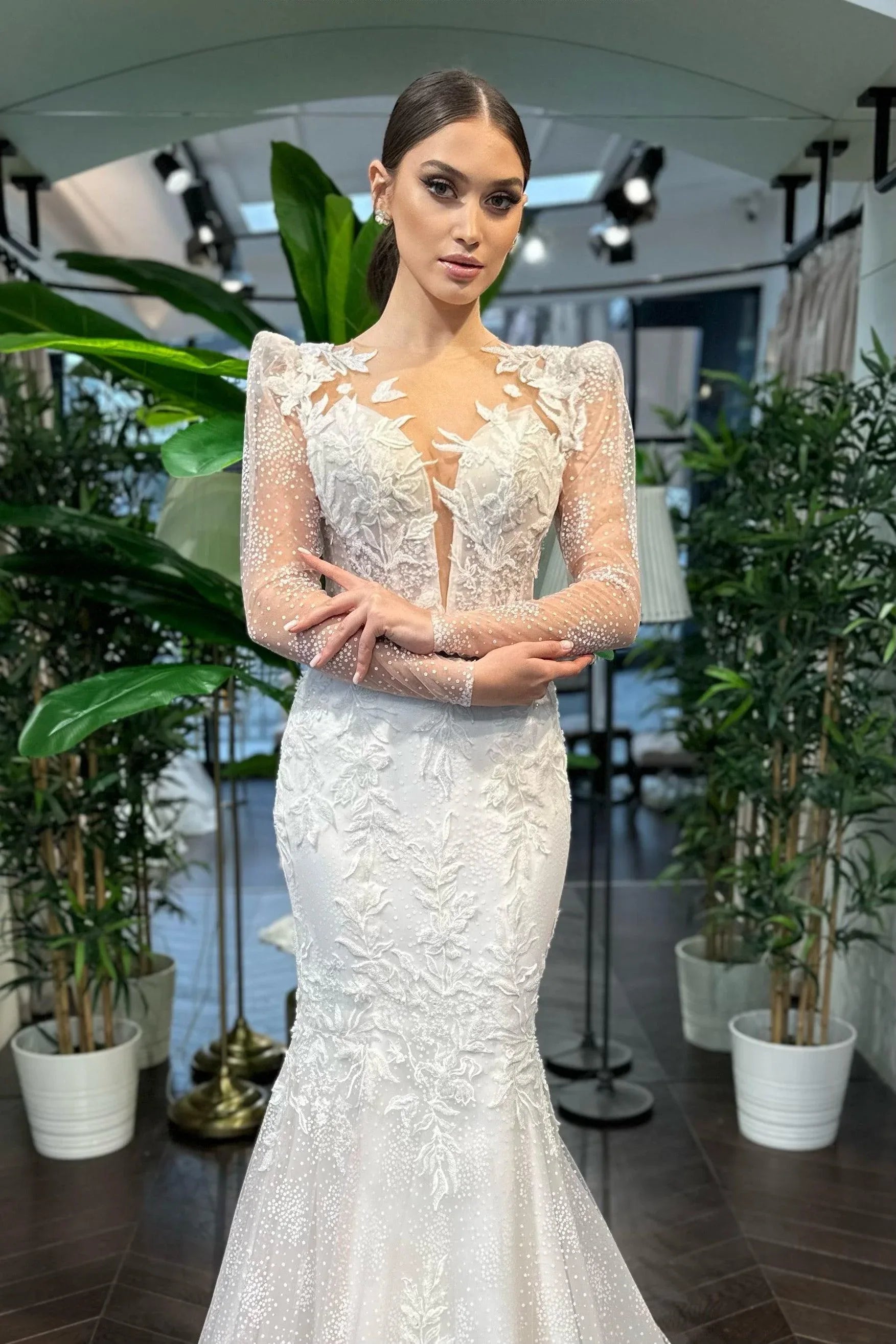 Kacie Çiçekli Dantel Uzun Kol Balık Gelinlik - Mediha Cambaz Bridal