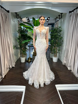 Kacie Çiçekli Dantel Uzun Kol Balık Gelinlik - Mediha Cambaz Bridal