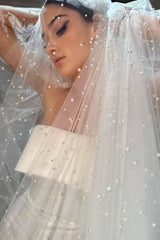 Karl İnci İşlemeli Uzun Hayal Tül Duvak - Mediha Cambaz Bridal