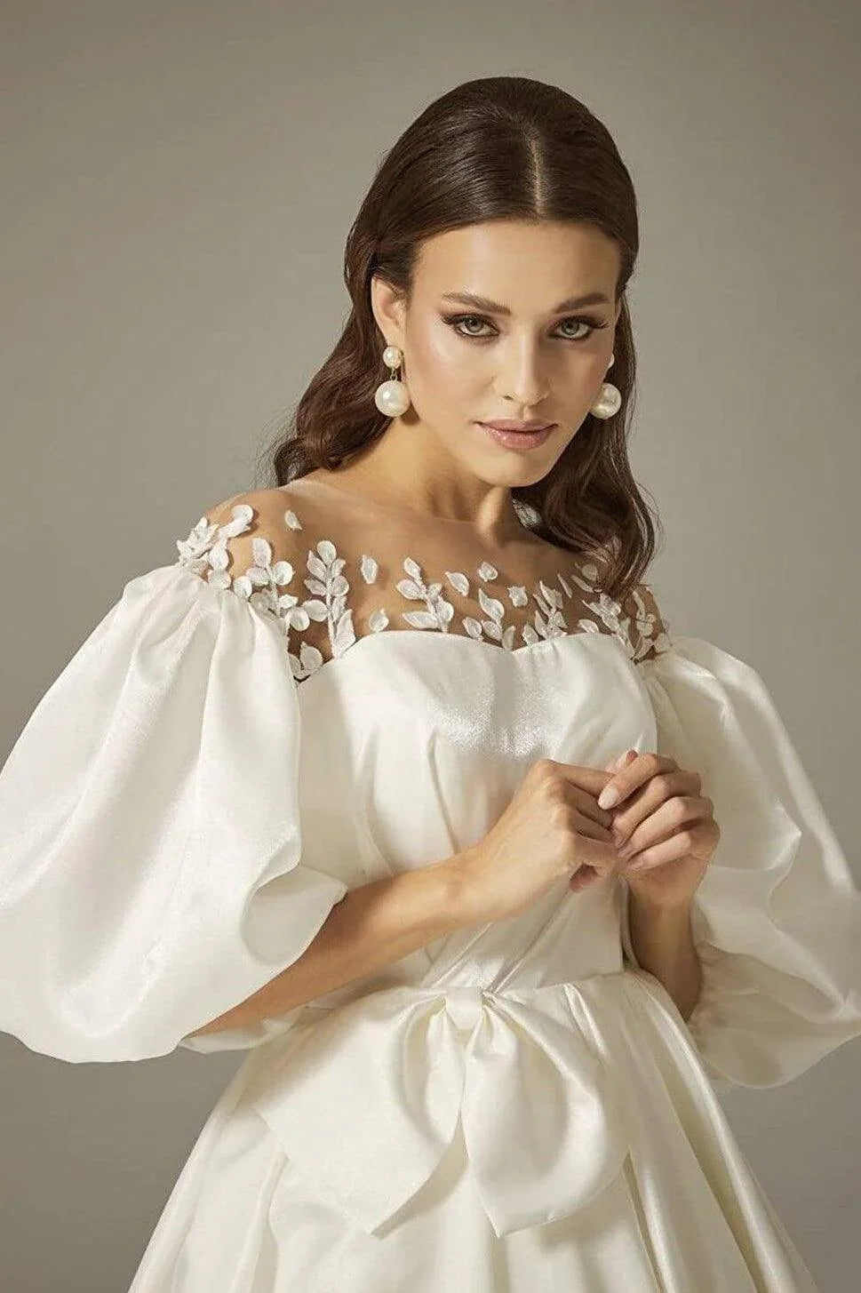 Lacie Saten Balon Kol A Kesim Gelinlik - Mediha Cambaz Bridal