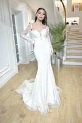 Libra Fransız Dantelli Uzun Kollu Balık Gelinlik - Mediha Cambaz Bridal