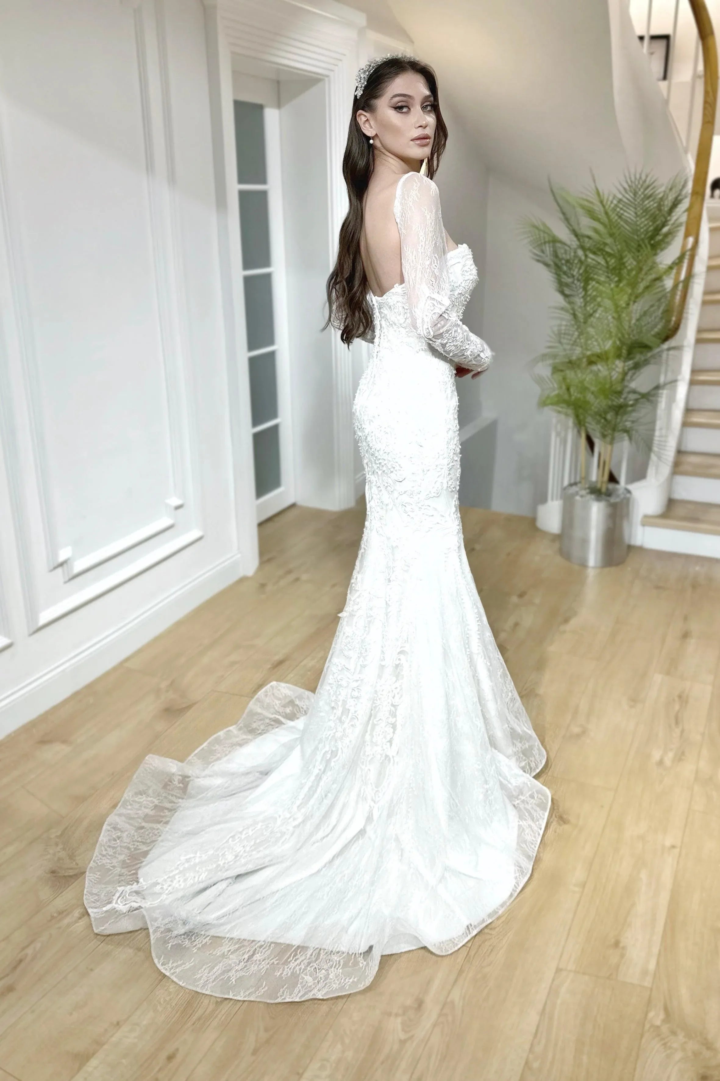 Libra Fransız Dantelli Uzun Kollu Balık Gelinlik - Mediha Cambaz Bridal