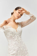Lila Fransız Dantel Uzun Kol Balık Gelinlik - Mediha Cambaz Bridal