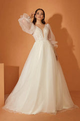 Lily Balon Kol Pullu Dantel A Kesim Gelinlik - Mediha Cambaz Bridal