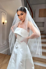 Liu Kırık Beyaz Işıltılı Kısa Tül Duvak - Mediha Cambaz Bridal