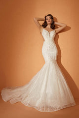 Liz Üç Boyutlu Dantel V Yaka Balık Gelinlik - Mediha Cambaz Bridal