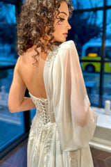 Lola Şifon M Yaka Tek Kol Düz Kesim Gelinlik - Mediha Cambaz Bridal