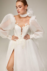 Lorient Fularlı Yırtmaçlı A Kesim Gelinlik - Mediha Cambaz Bridal