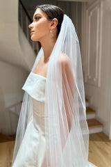 Lucy Kırık Beyaz Büzgülü Saydam Uzun İpek Tül Duvak - Mediha Cambaz Bridal