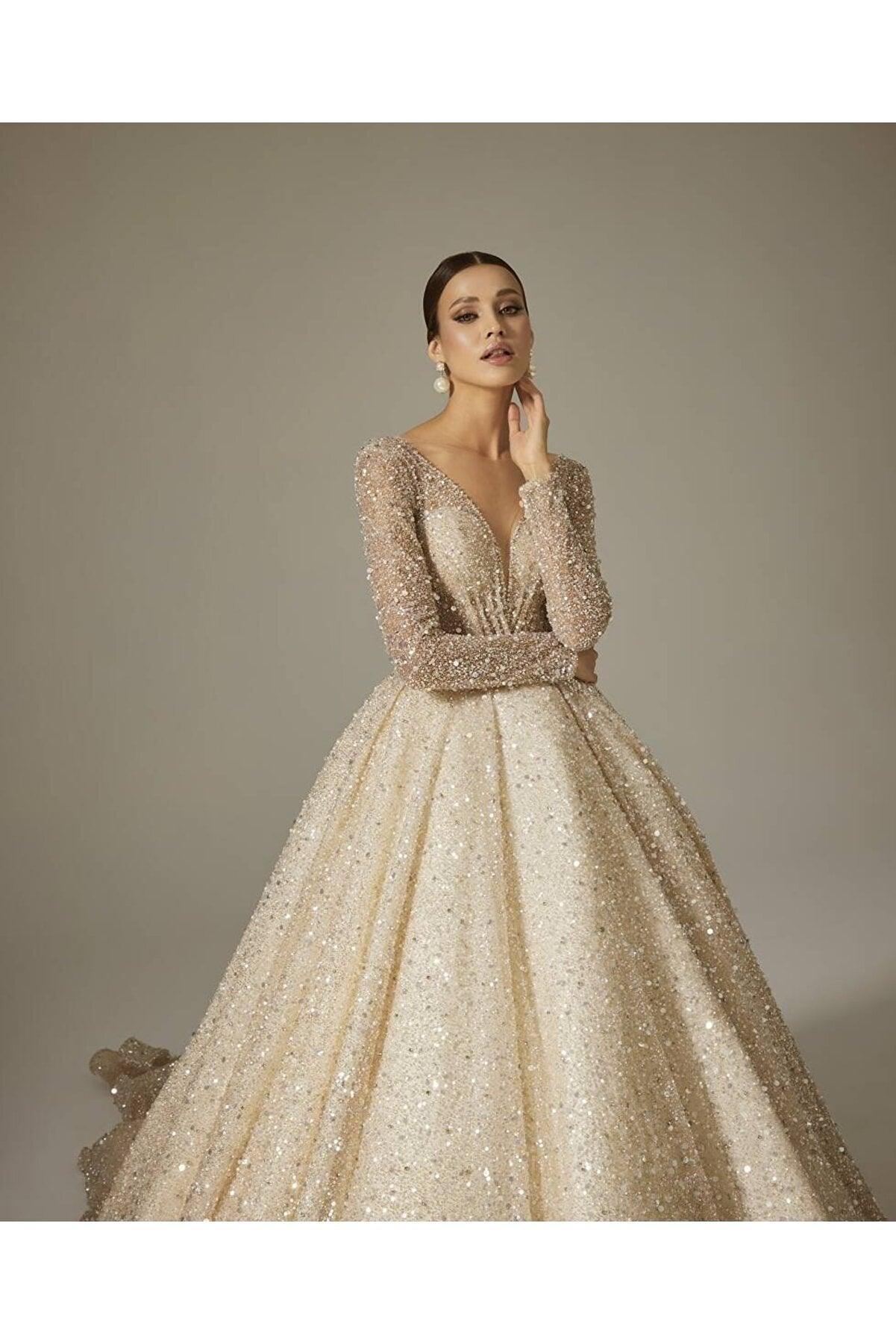 Luxe Kasnak İşi Uzun Kol Prenses Model Gelinlik - Mediha Cambaz Bridal