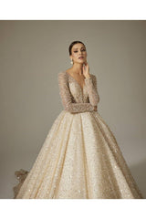 Luxe Kasnak İşi Uzun Kol Prenses Model Gelinlik - Mediha Cambaz Bridal