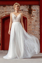 Lydia Işıltılı İpek Tül V Yaka A Kesim Gelinlik - Mediha Cambaz Bridal