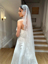 Maisa Fransız Dantelli Oval Kısa Rahibe Duvak - Mediha Cambaz Bridal