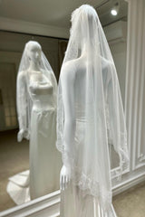 Maisa Fransız Dantelli Oval Kısa Rahibe Duvak - Mediha Cambaz Bridal