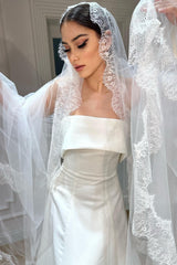 Meusa Fransız Dantelli Oval Uzun Rahibe Duvak - Mediha Cambaz Bridal