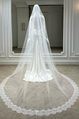 Meusa Fransız Dantelli Oval Uzun Rahibe Duvak - Mediha Cambaz Bridal