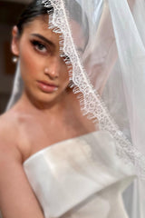 Mika Kenar Ucu Fransız Dantelli Uzun Rahibe Duvak - Mediha Cambaz Bridal