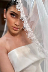 Mika Kenar Ucu Fransız Dantelli Uzun Rahibe Duvak - Mediha Cambaz Bridal