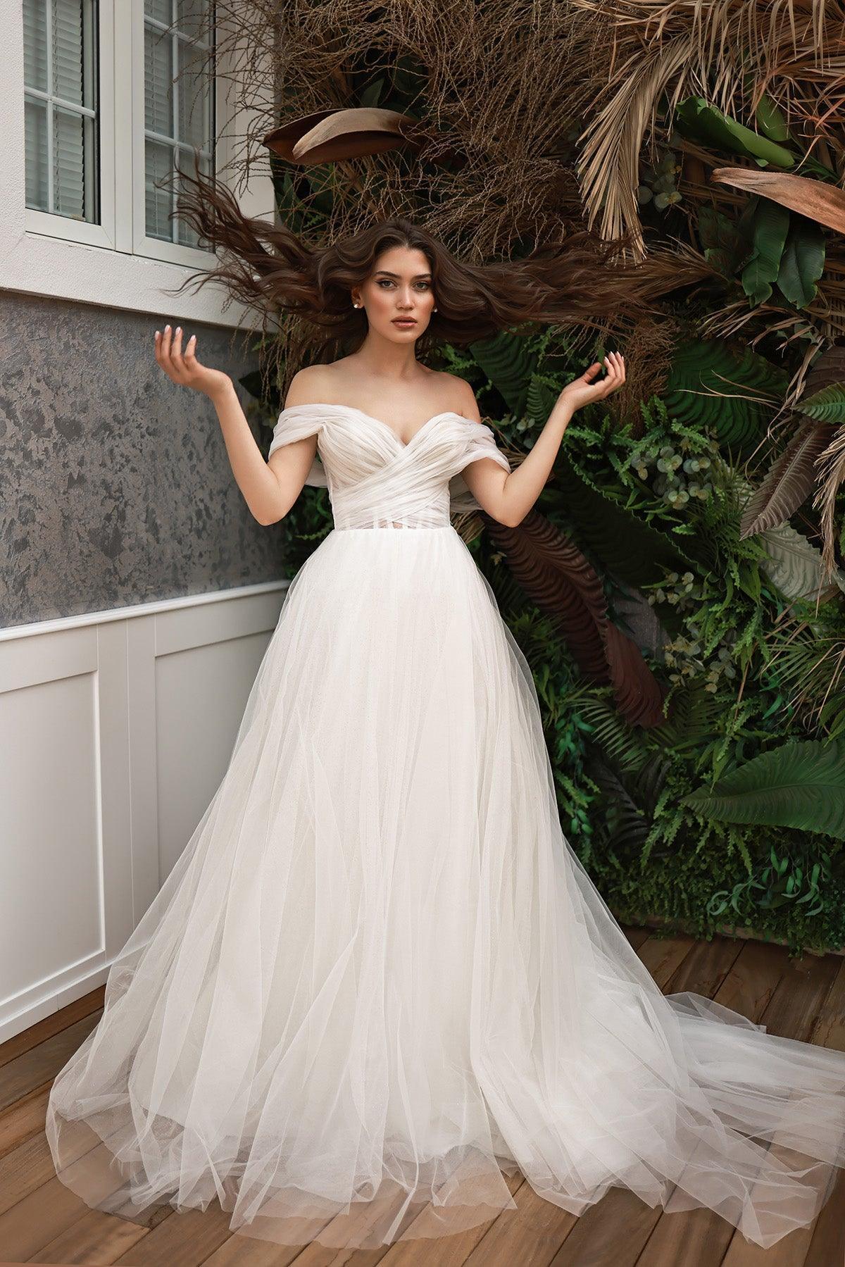 Mikito Kalp Yaka Drapeli Tül A Kesim Gelinlik - Mediha Cambaz Bridal
