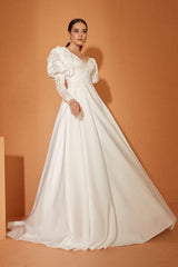 Minso 22 Fransız Dantel Drapeli A Kesim Gelinlik - Mediha Cambaz Bridal