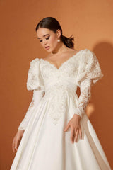 Minso 22 Fransız Dantel Drapeli A Kesim Gelinlik - Mediha Cambaz Bridal