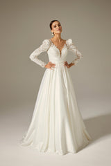 Minso Saten Drapeli Uzun Kol A Kesim Gelinlik - Mediha Cambaz Bridal