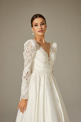 Minso Saten Drapeli Uzun Kol A Kesim Gelinlik - Mediha Cambaz Bridal