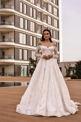 Nadia Fransız Dantel Uzun Kollu A Kesim Gelinlik - Mediha Cambaz Bridal