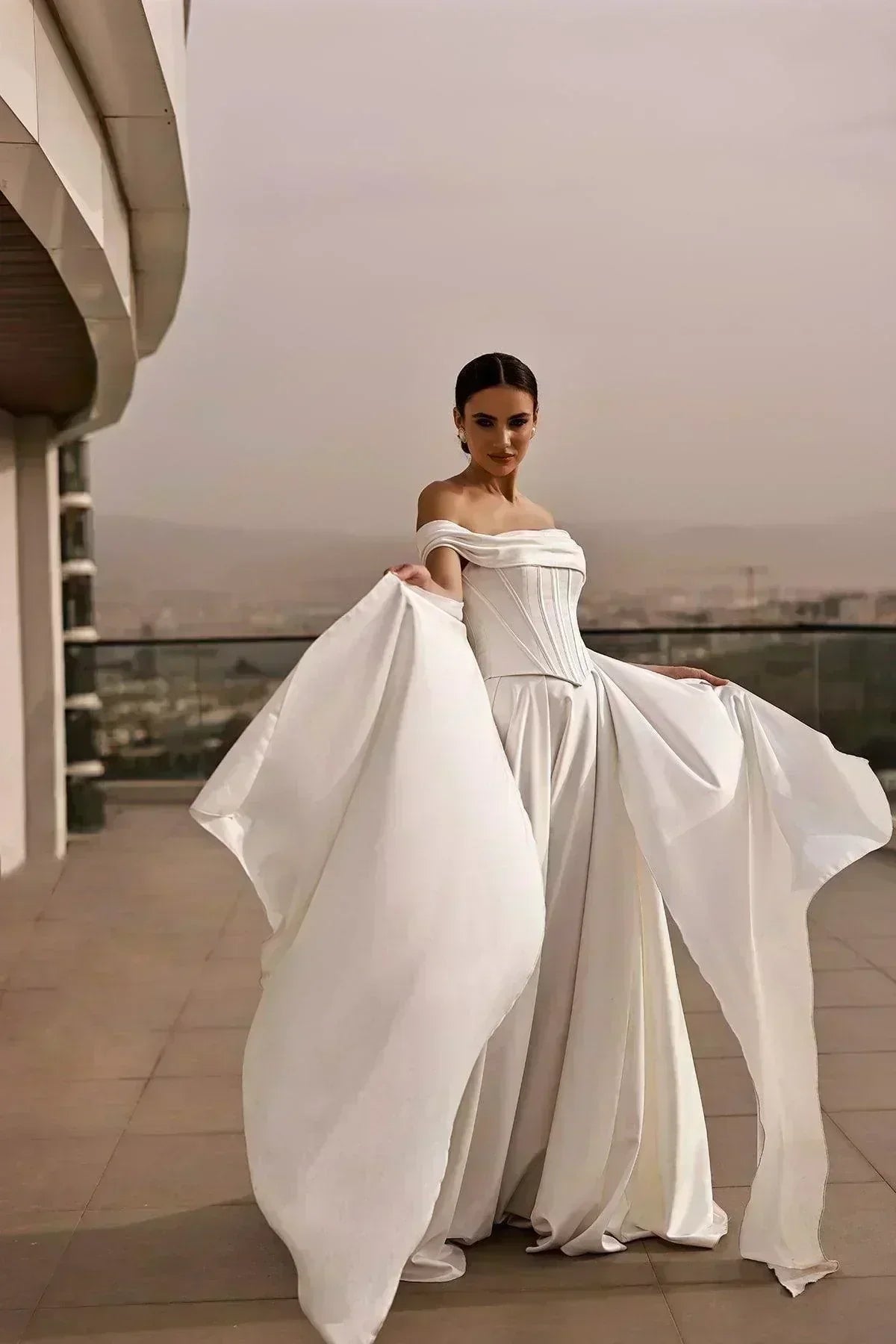 Nicole Straplez Drape Detaylı Saten A Kesim Gelinlik - Mediha Cambaz Bridal
