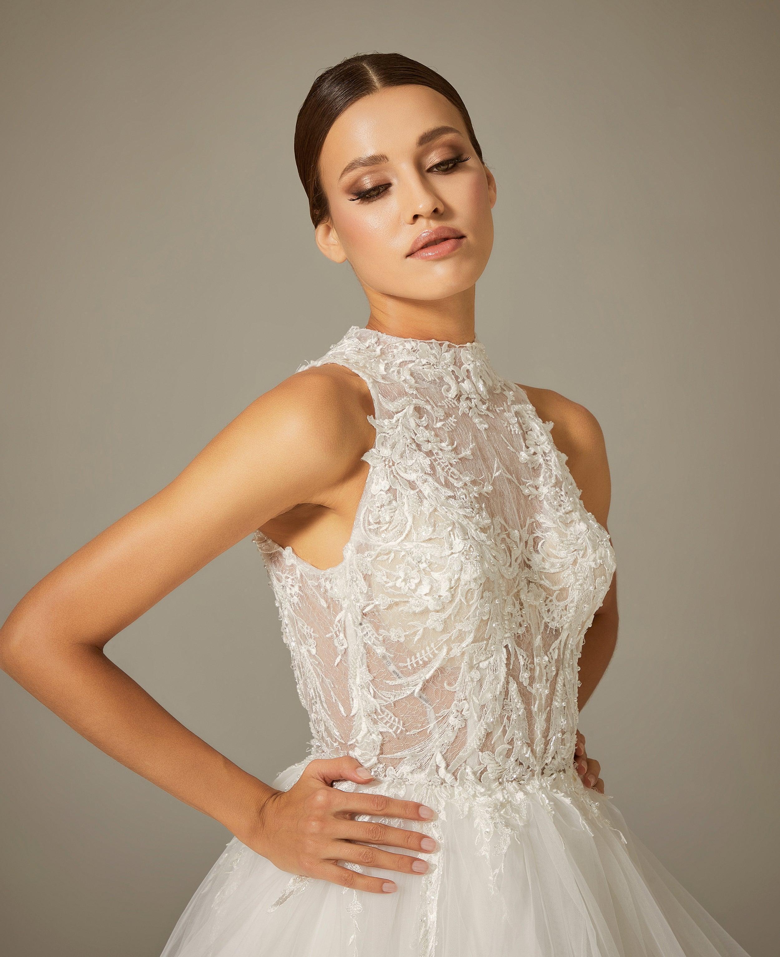 Ortega Halter Yaka Dantel Tül Bohem Gelinlik - Mediha Cambaz Bridal