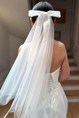 Parker Kırık Beyaz Fiyonklu Kısa İpek Tül Duvak - Mediha Cambaz Bridal