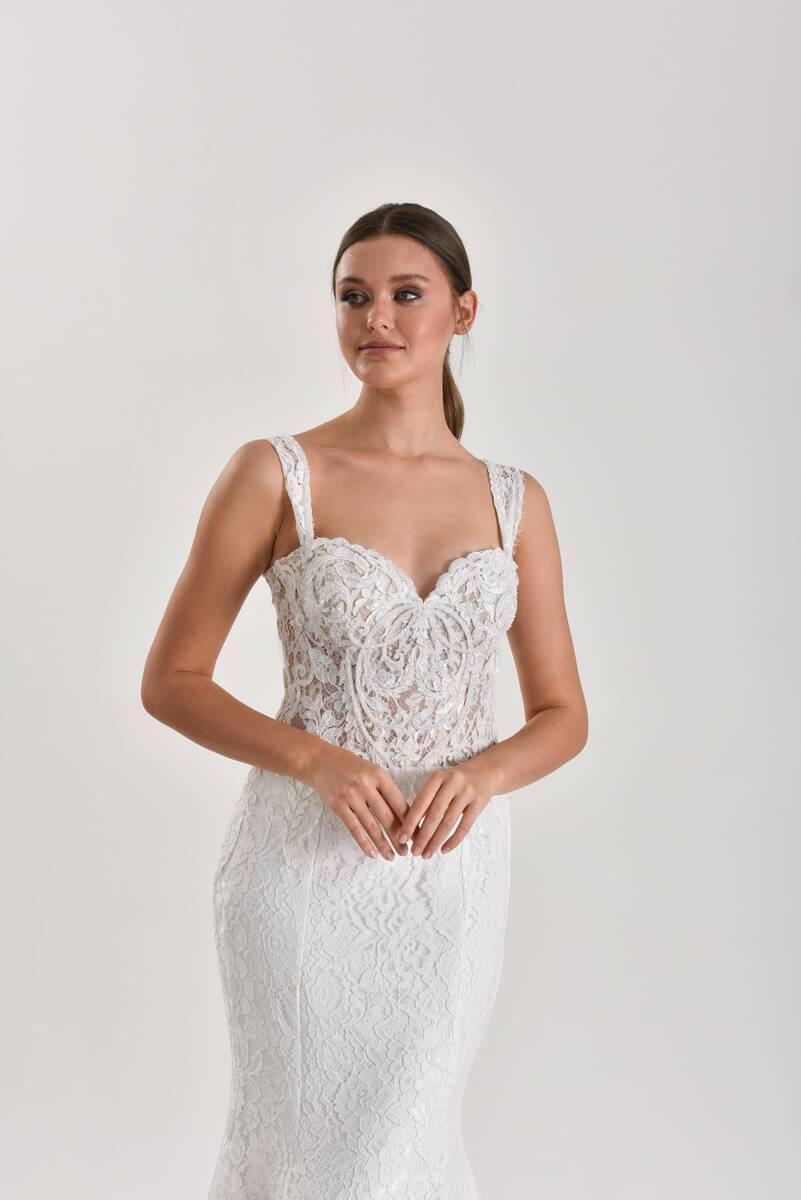 Pavo Fransız Dantel Kalın Askılı Balık Gelinlik - Mediha Cambaz Bridal