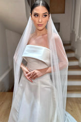 Penny Kırık Beyaz Taraklı Uzun Sade İpek Tül Duvak - Mediha Cambaz Bridal