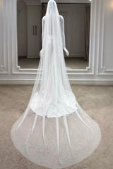 Penny Kırık Beyaz Taraklı Uzun Sade İpek Tül Duvak - Mediha Cambaz Bridal