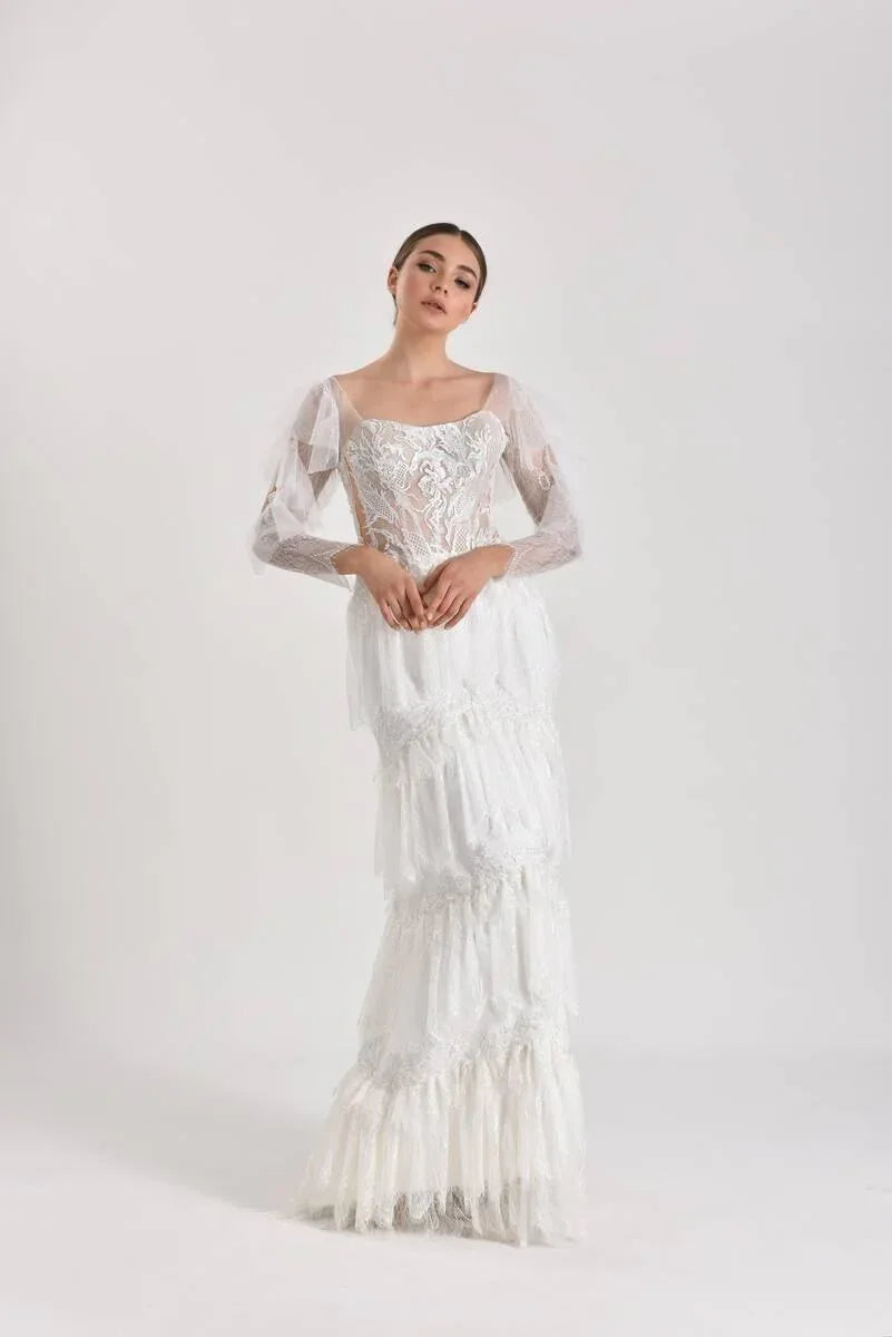 Perseus Çiçekli Dantel Tül Düz Kesim Gelinlik - Mediha Cambaz Bridal