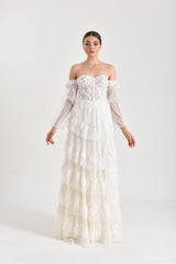 Phoneix Balon Kol Bohem Düz Kesim Gelinlik - Mediha Cambaz Bridal