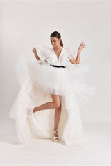 Pictor Katlı Tül Arkası Uzun Önü Kısa Gelinlik - Mediha Cambaz Bridal