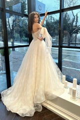 Rachel Baskılı Tül Düşük Kol A Kesim Gelinlik - Mediha Cambaz Bridal