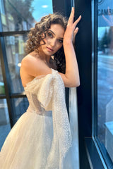 Rachel Baskılı Tül Düşük Kol A Kesim Gelinlik - Mediha Cambaz Bridal