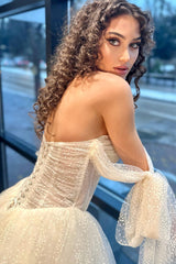 Rachel Baskılı Tül Düşük Kol A Kesim Gelinlik - Mediha Cambaz Bridal