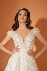 Rebecca V Yaka Üç Boyut Dantel A Kesim Gelinlik - Mediha Cambaz Bridal