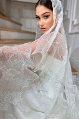 Rose Kasnak İşlemeli Özel Tasarım Uzun Duvak - Mediha Cambaz Bridal