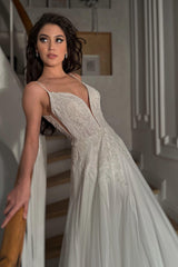 Ruby İpek Tül Dantel V Yaka Helen Gelinlik - Mediha Cambaz Bridal