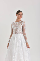 Sara Sarmaşık Çiçek Desenli Yuvarlak Yaka Özel Tasarım A Kesim Gelinlik - Mediha Cambaz Bridal