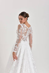 Sara Sarmaşık Çiçek Desenli Yuvarlak Yaka Özel Tasarım A Kesim Gelinlik - Mediha Cambaz Bridal