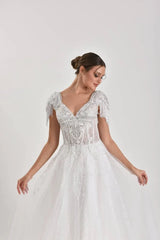 Sasha Dantel Apoletli V Yaka A Kesim Gelinlik - Mediha Cambaz Bridal