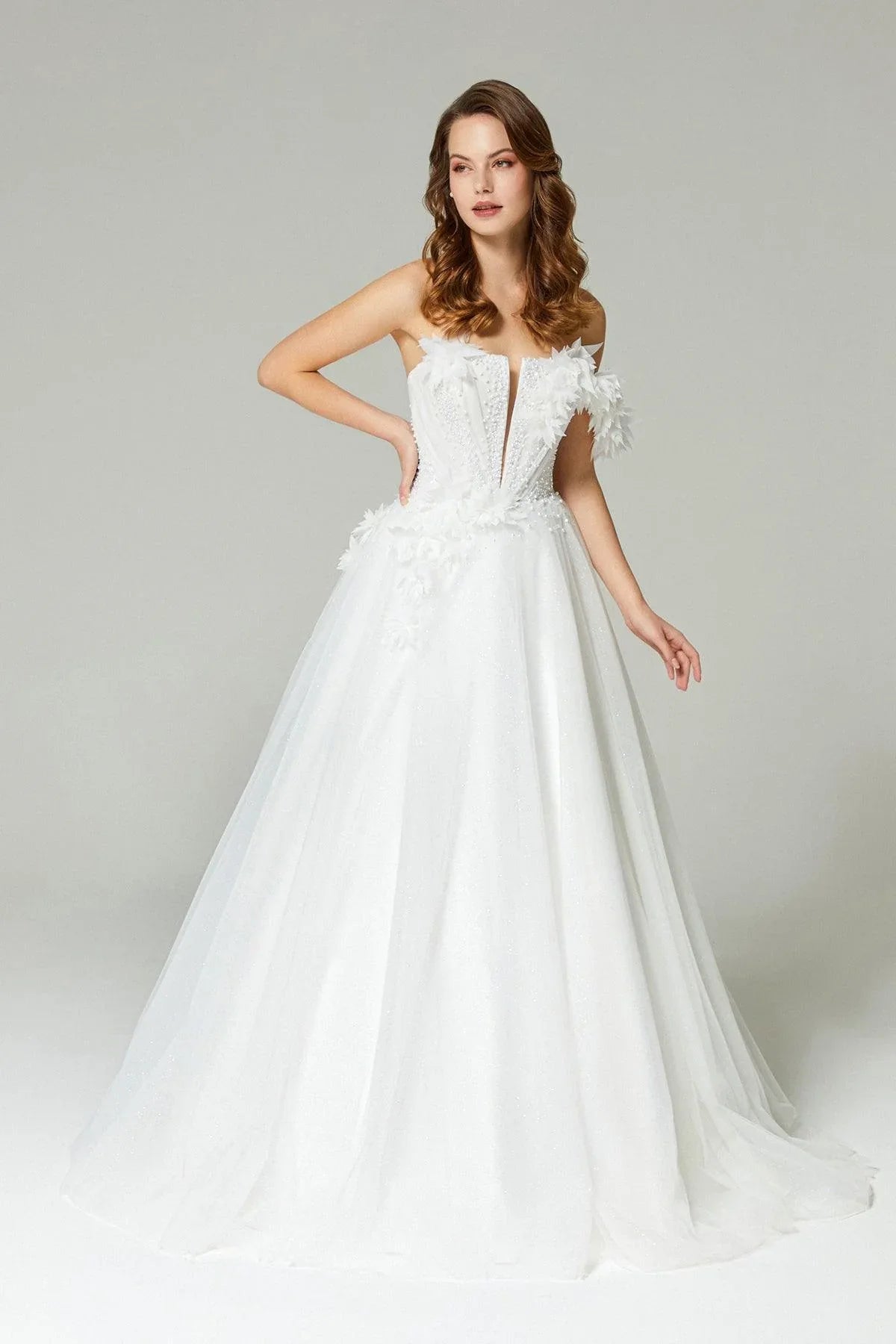 Serena İnci Detaylı Üç Boyut Dantelli A Kesim Gelinlik - Mediha Cambaz Bridal