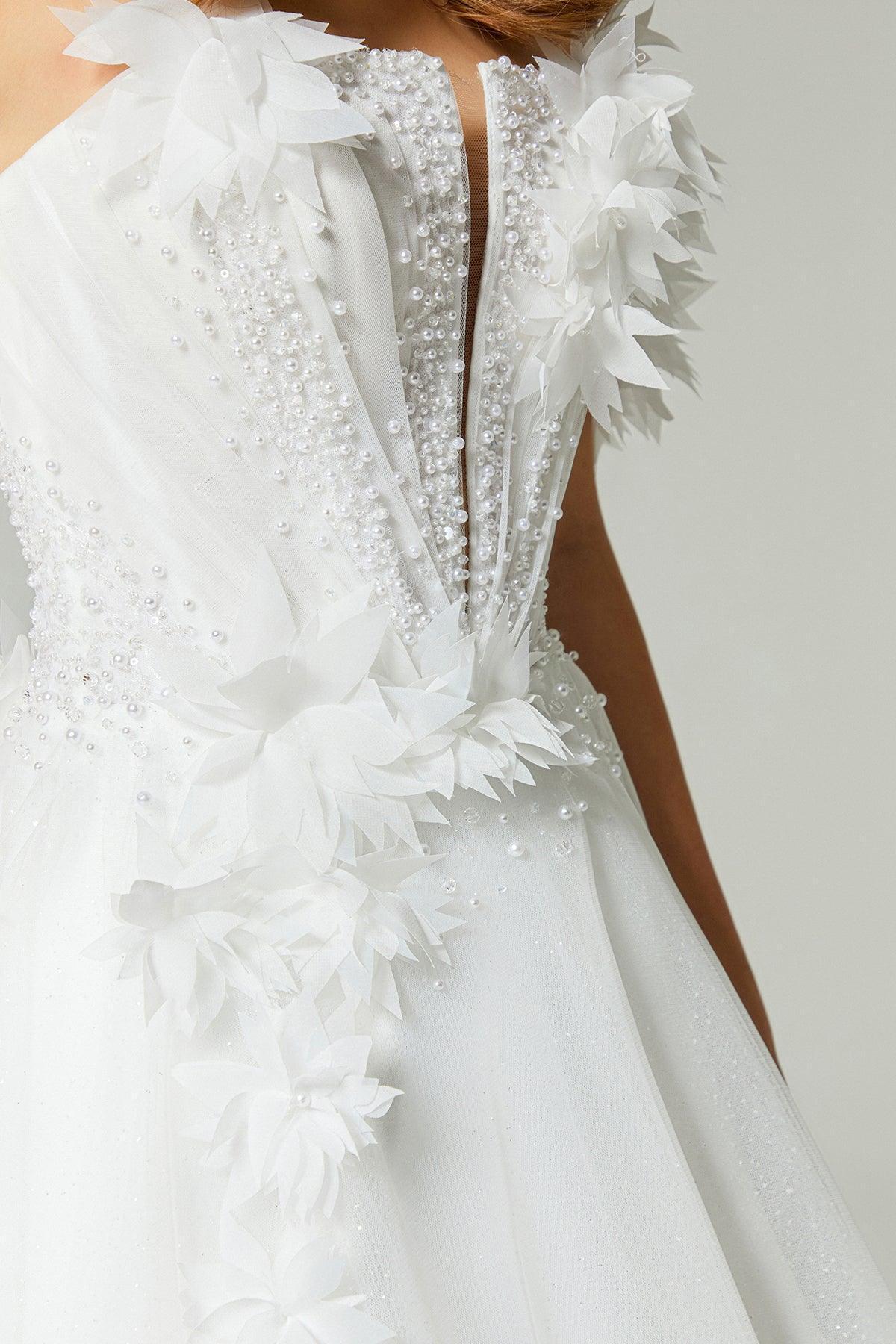Serena İnci Detaylı Üç Boyut Dantelli A Kesim Gelinlik - Mediha Cambaz Bridal